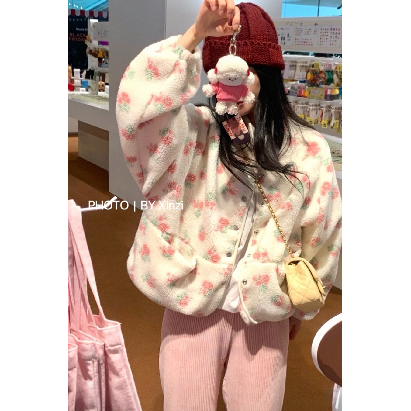 韩代可爱碎花摇粒绒短外套女