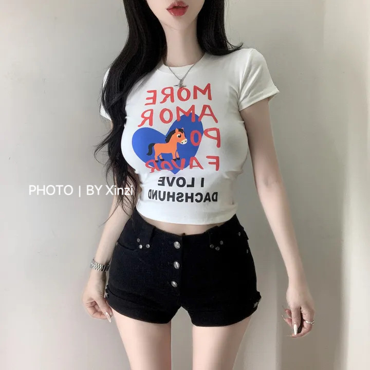 韩式甜辣小马印花显瘦短袖T恤