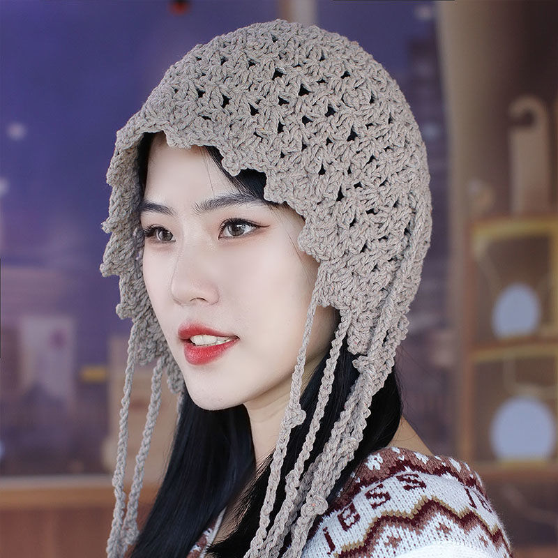 帽子女新款秋季钩线手工编织花朵镂空毛线棉线头巾针织钩包头帽子