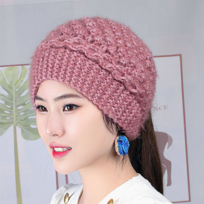 秋冬帽子女帽针织帽手工编织毛线帽护耳保暖帽扎马尾帽子可爱帽子