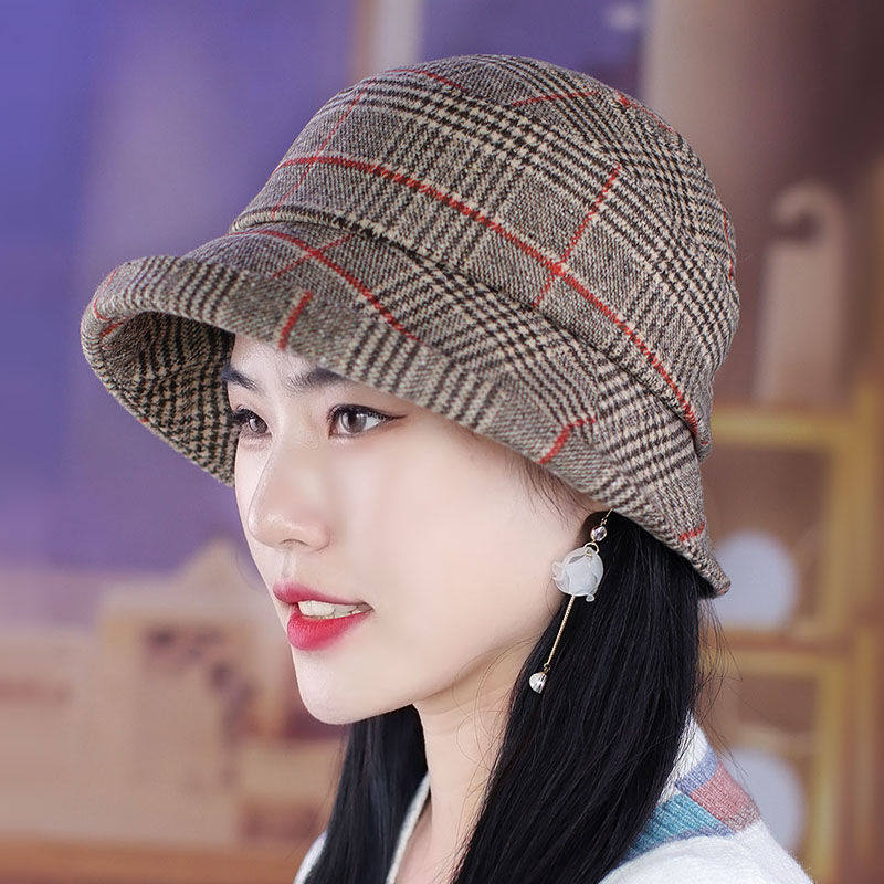 秋帽子女帽潮人格纹复古盆帽渔夫帽呢子翻边帽显脸小时装帽妈妈帽