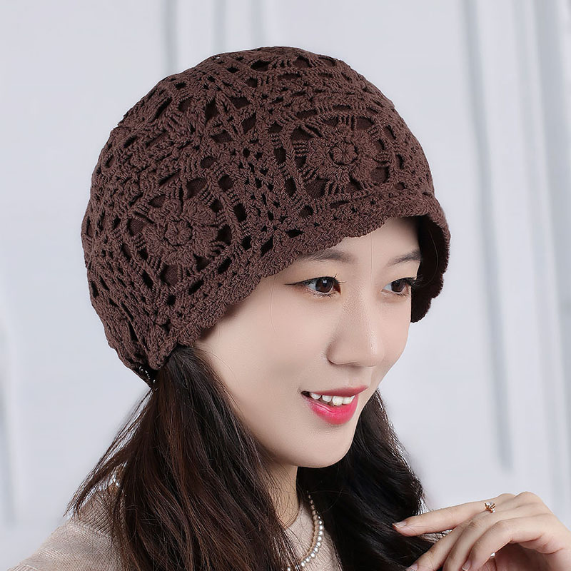 镂空时尚女士帽子钩花头巾秋冬加绒保暖堆堆洋气头帽花朵妈妈包头