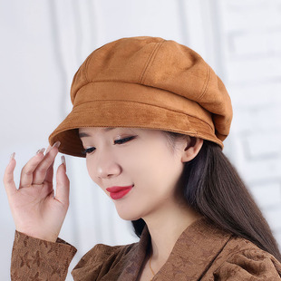 秋冬麂皮绒八角帽贝雷帽画家帽青年女式韩版帽时尚时装帽短沿帽子