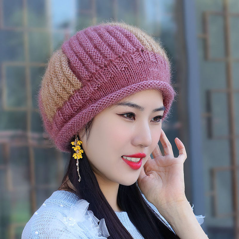 新款秋冬帽子女帽松鼠绒手工编织毛线帽卷边针织帽保暖护耳女式帽