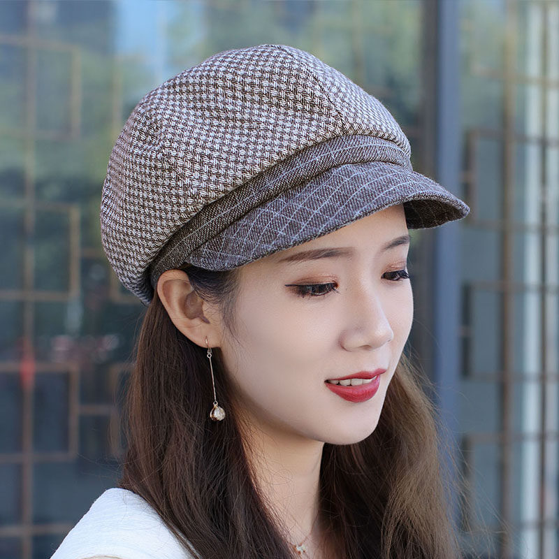 新品帽子女帽秋季八角帽贝雷帽画家帽格纹韩版帽羊毛呢百搭复古帽