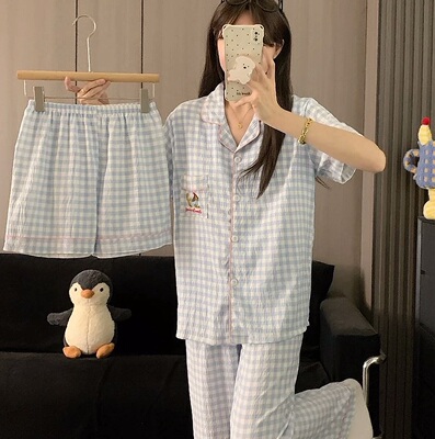 {42号}云朵棉睡衣女花边三件套春夏家居服带胸垫