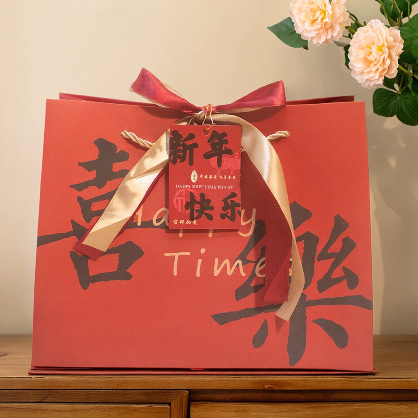 2027年礼品袋新年快乐春节送礼特大号礼物包装袋配丝带吊牌手提袋