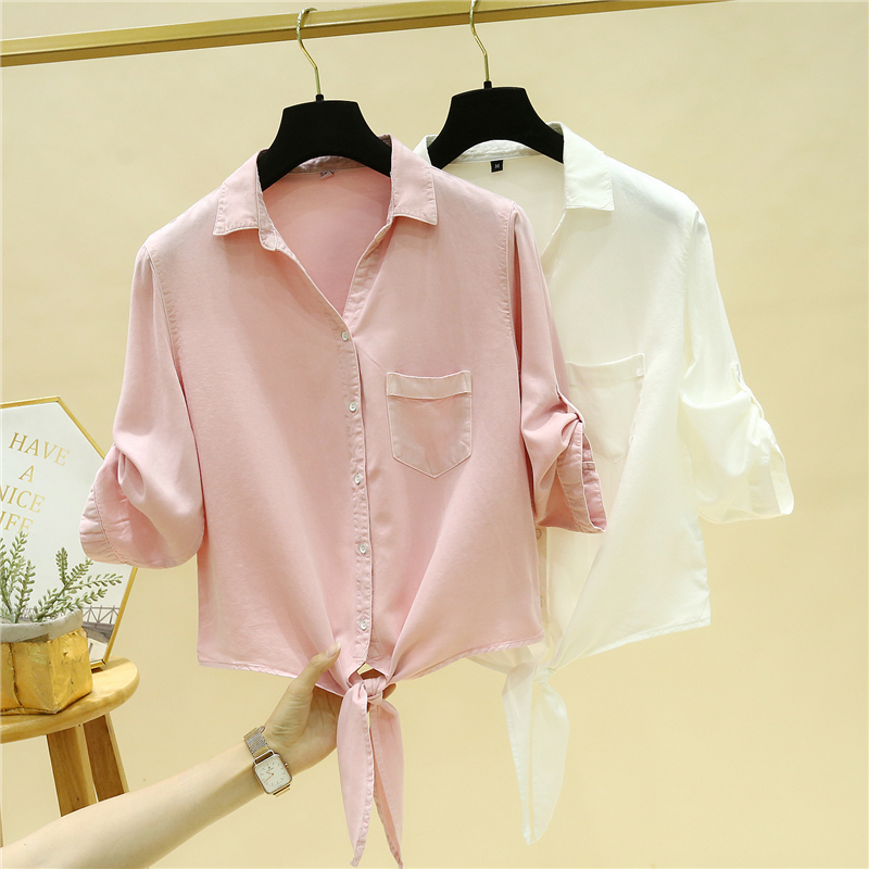 夏季新款翻领气质系带七分袖短款时尚衬衫女薄款百搭粉色开衫衬衣
