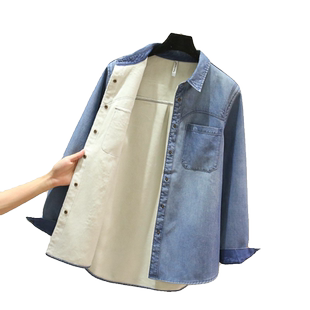 秋冬季新款天丝牛仔加绒衬衫女保暖打底衫内搭叠穿加厚衬衣女外套