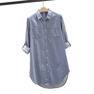 中长款竖条纹显瘦衬衫女牛仔衬衣