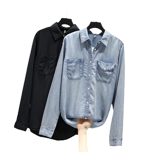 双口袋白色衬衫女春秋新款天丝牛仔衬衣中长款韩版宽松bf风上衣女