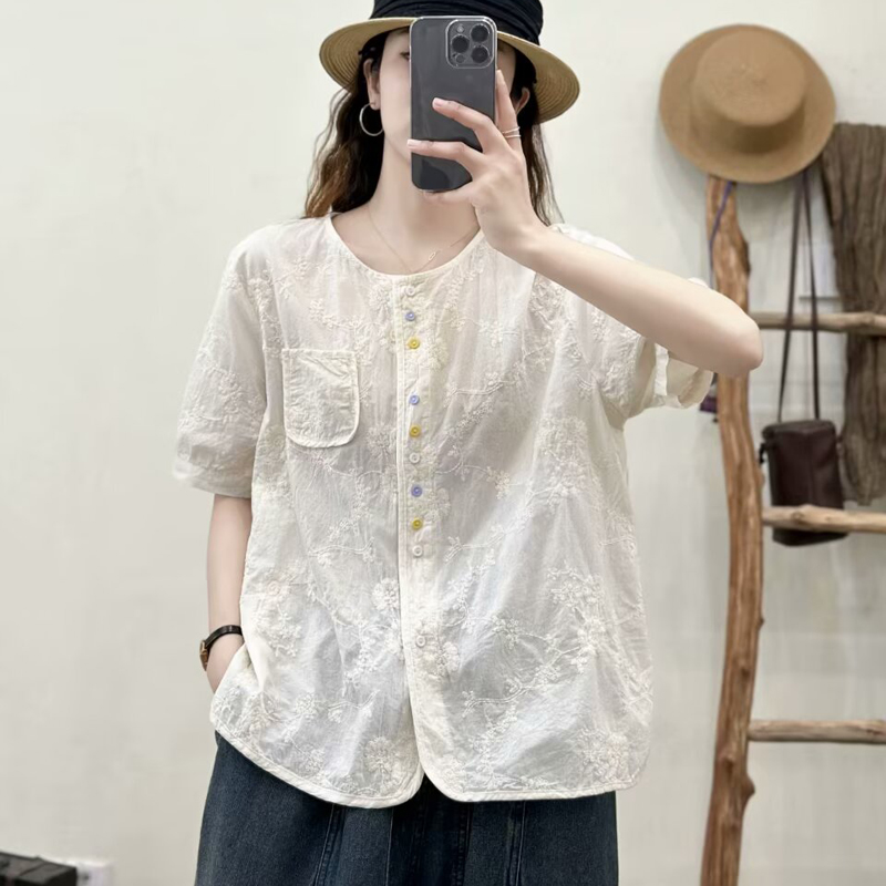 圆领短袖提花衬衫女白色显瘦上衣