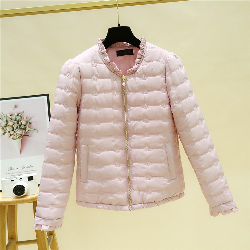 冬季新款小香风短款棉衣女百搭绣花边羽绒棉服时尚轻薄棉袄女外套