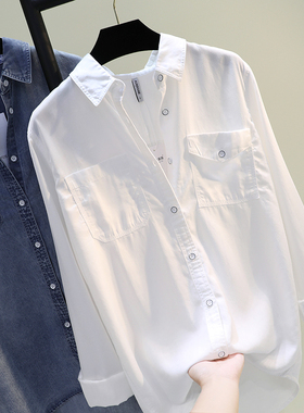 双口袋白色衬衫女春秋新款牛仔衬衣中长款韩版宽松bf风女