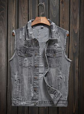 潮流男士原创灰色牛仔马甲欧美青年休闲马夹个性潮牌复古坎肩背心