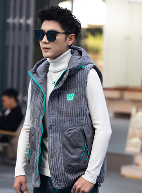 潮流男士冬季新款羽绒棉灰色马甲连帽短款休闲坎肩刺绣灯芯绒马夹
