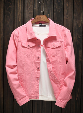 男士春秋款韩版休闲夹克帅气修身长袖原创粉红色水洗牛仔外套上衣