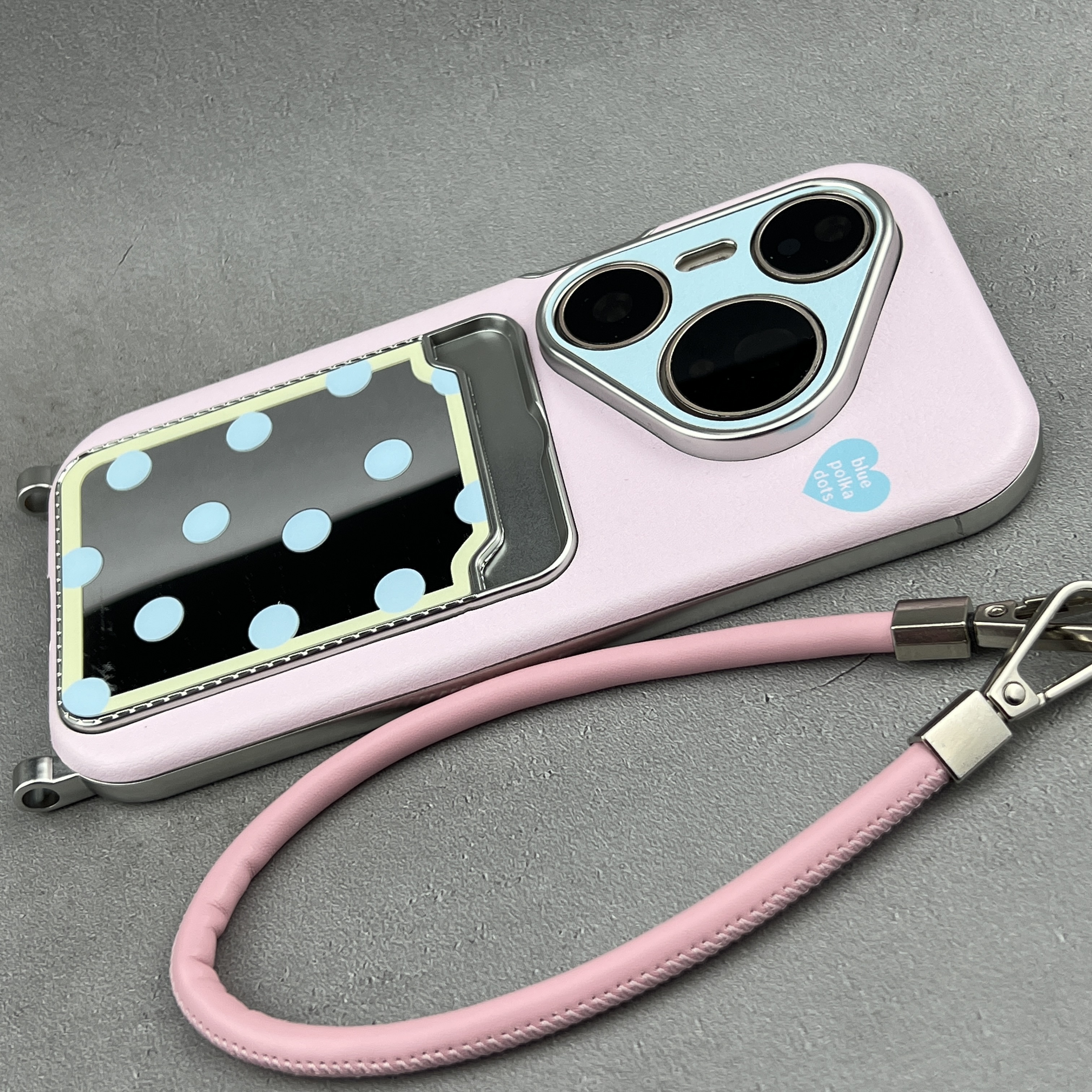 适用华为Pura 80 Pro手机壳粉色爱心镜面波点皮质挂绳mate70Pro+保护套男女Mate 60 PRO皮质大视窗P70Pro