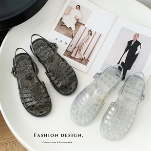 罗马女凉鞋 水晶平跟外穿休闲凉鞋 平底透明沙滩鞋 镂空新款 时尚 夏季