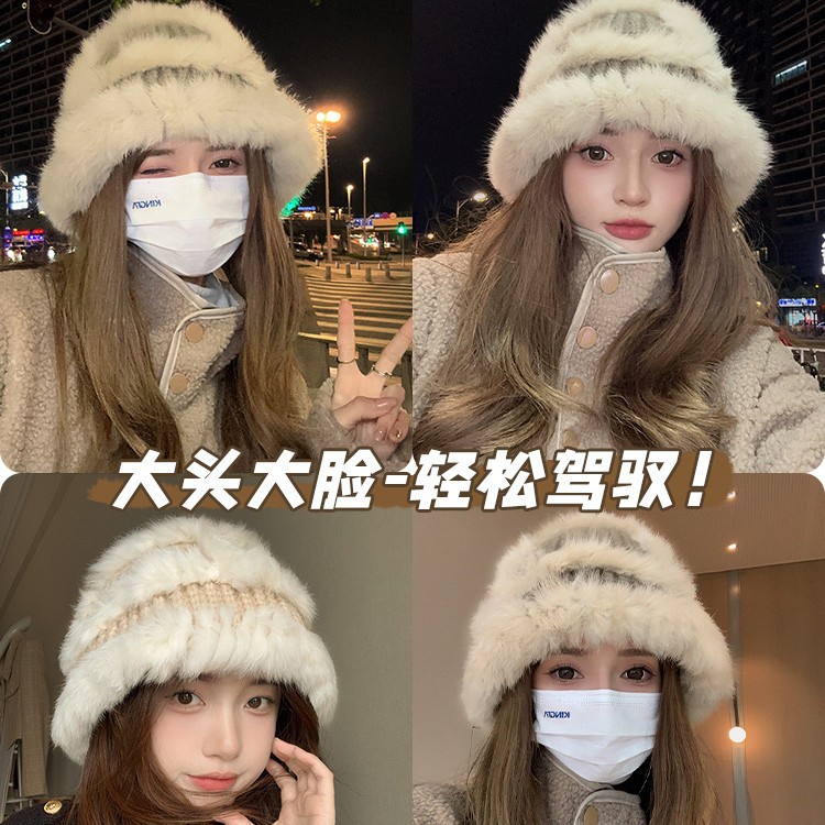 新款女秋冬韩系显脸小毛线帽百搭渔夫帽加厚保暖盆帽兔毛针织帽子