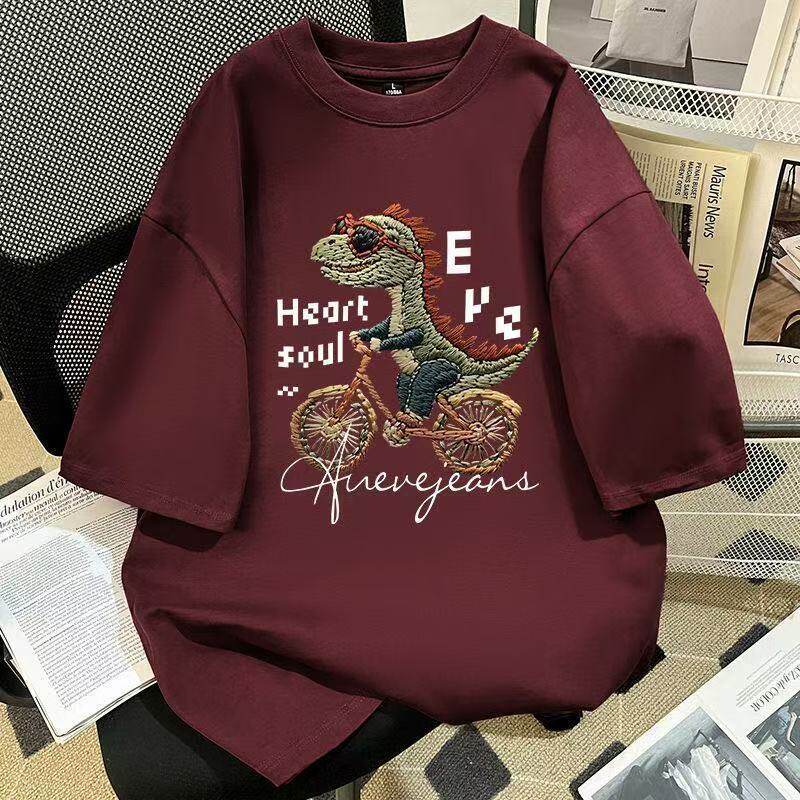 男童纯棉短袖骑单车恐龙印花仿刺绣短袖T恤夏季宽松百搭打底上衣