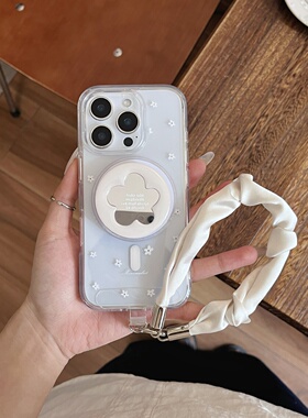 白色花朵适用于iPhone14PROMAX手机壳苹果13pro/16磁吸支架透明全包创意苹果12promax/15pro保护套防摔硬壳