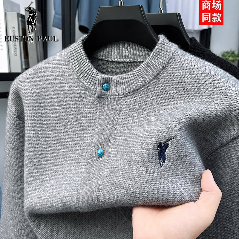 保罗时尚小马刺绣针织开衫男士秋冬季款圆领毛衣超厚保暖羊毛外套