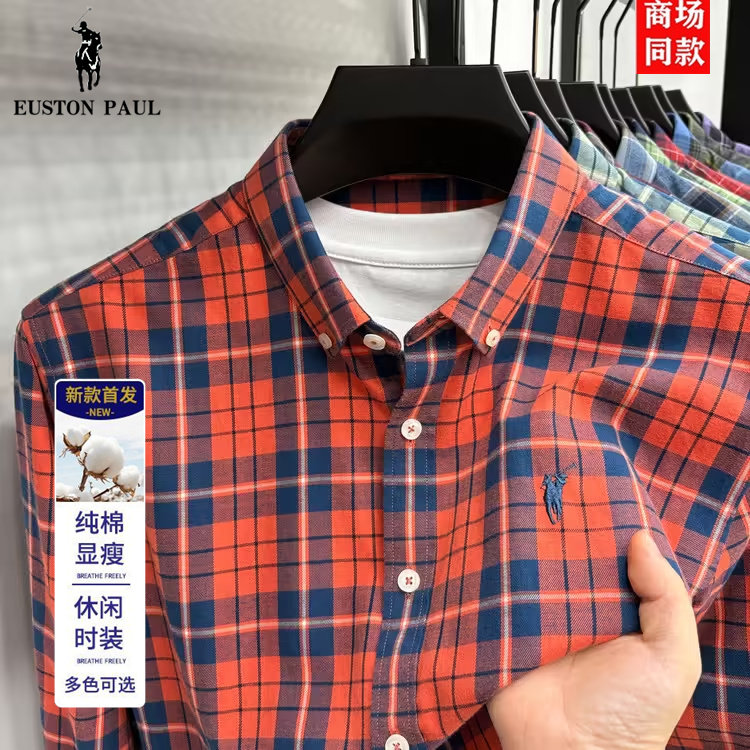 保罗100%纯棉男士长袖衬衫秋季新款翻领刺绣马标时尚休闲格子衬衣