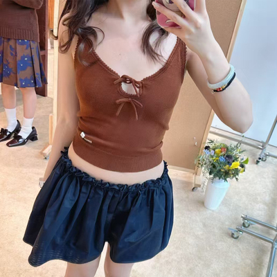 修身短款系带蝴蝶结针织吊带上衣