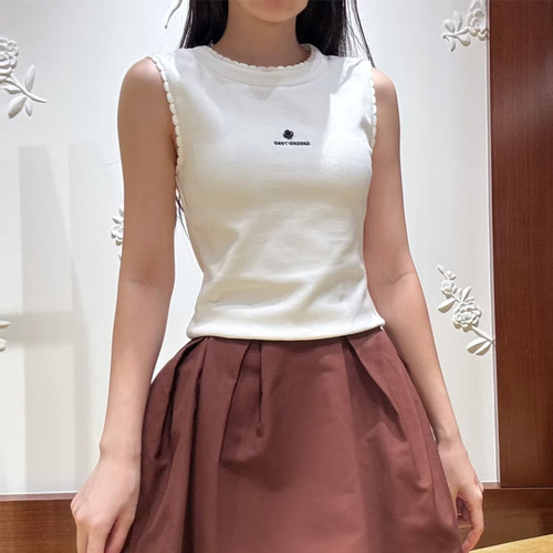 修身百搭手缝花边无袖短款T恤