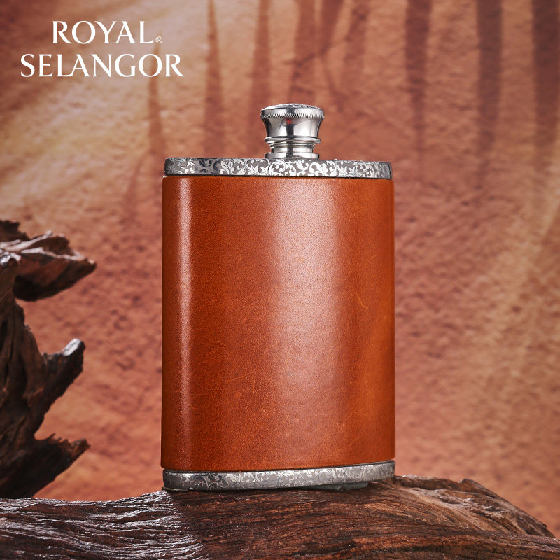 皇家雪兰莪纯手工锡制真皮唐草纹棕色小酒壶便携加厚随身白酒壶
