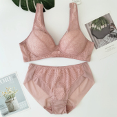 韩国Valery豆沙蕾丝奢华性感聚拢上托侧收无钢圈文胸套装 透气舒适