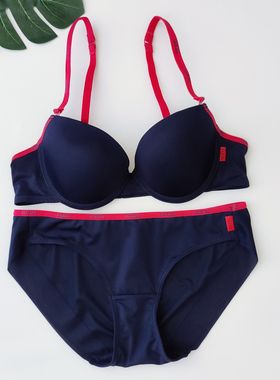 外贸出口韩国原单G家深蓝色时尚性感光面聚拢上托带钢圈文胸套装