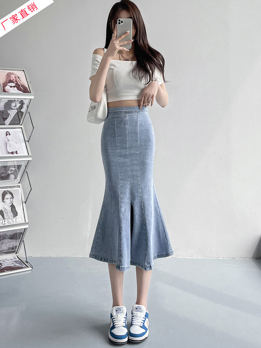 黑色牛仔半身裙女夏性感包臀裙2022年夏季新款浅色高腰开叉鱼尾裙|ruв категории Женская одежда, юбка - от Buy2taobao.com для оказания профессиональной услуги покупки агента Taobao