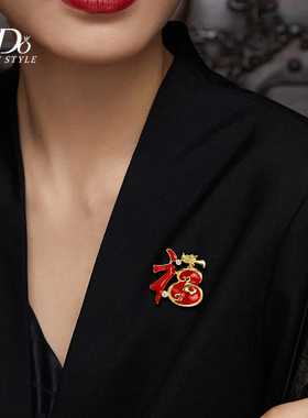 7Do中国风金龙送福新年胸针女红色福字大衣徽章胸花别针配饰礼物