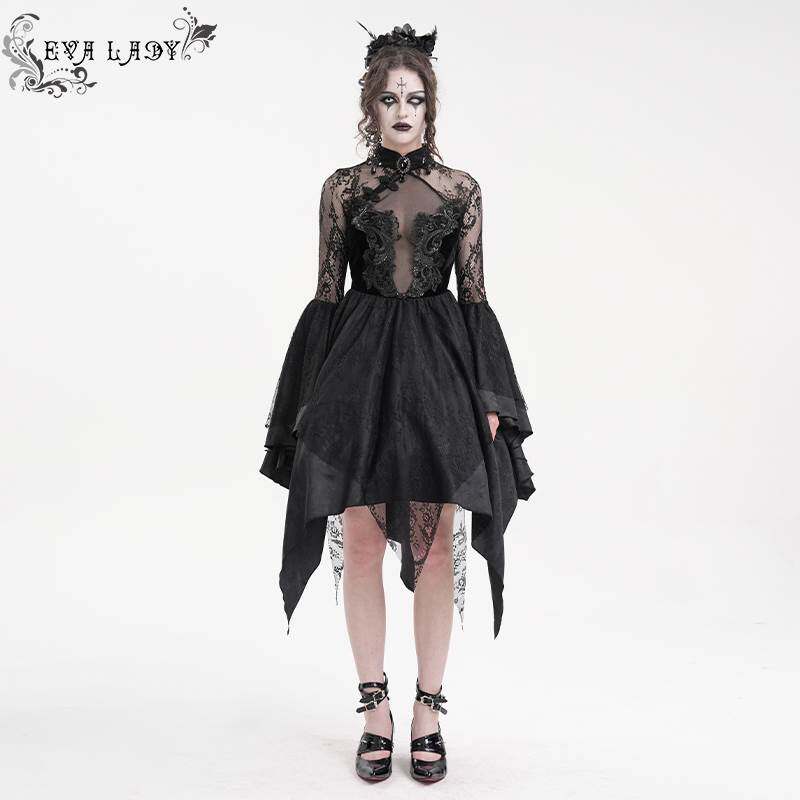 Devil Fashion恶魔时尚女装哥特旗袍式小花网料连衣裙 ESKT05301