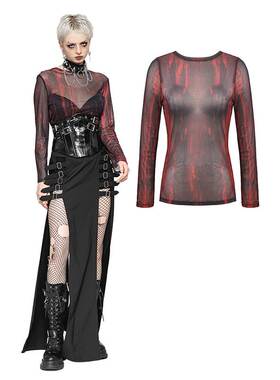 DARK IN LOVE哥特女装 黑色和红色扎染网眼多功能基础上衣 TW620