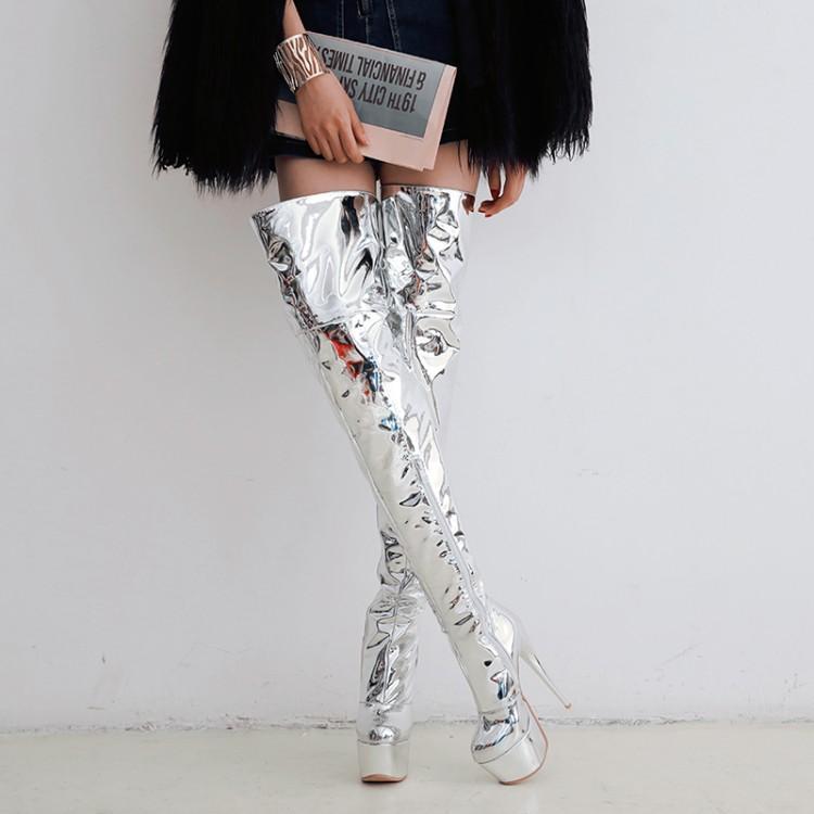 细跟银色钢管舞漆皮T台过膝长靴