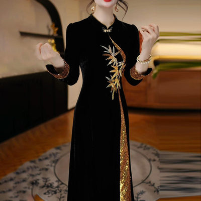 新中式国风改良旗袍丝绒连衣裙