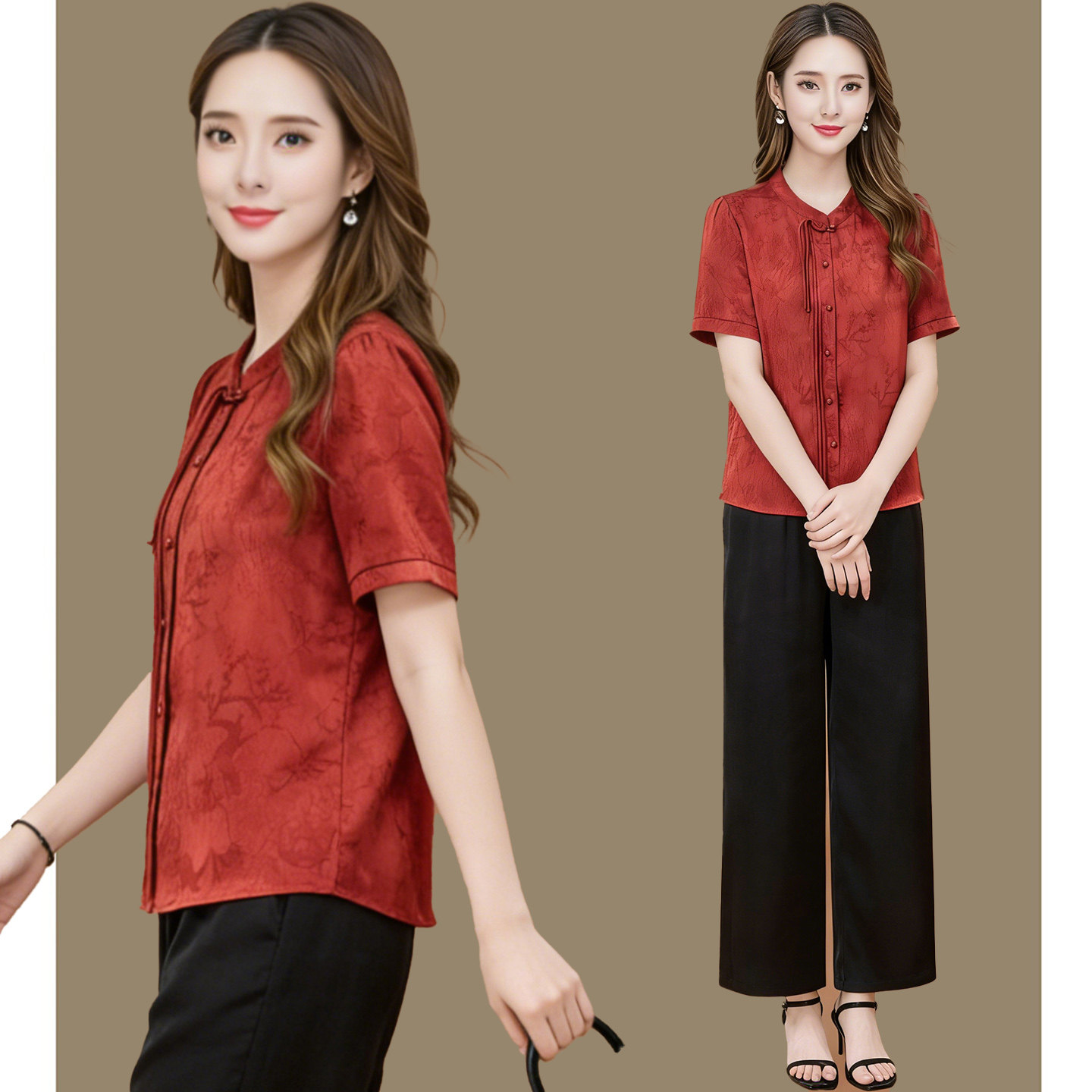 年轻妈妈夏装国风短袖套装2026新款中老年女装减龄印花上衣两件套