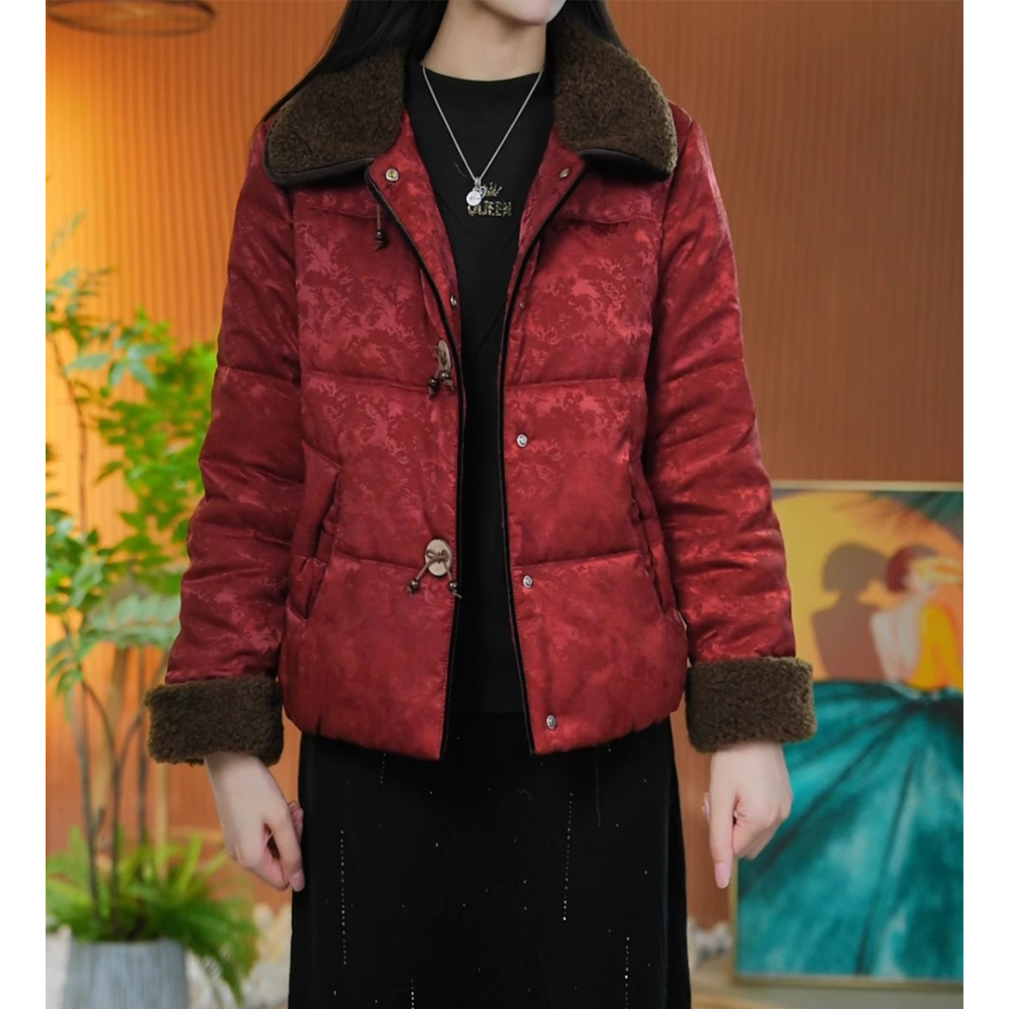 优雅减龄妈妈羊绒服棉袄25冬季中年女装国风毛领短款印花棉衣外套