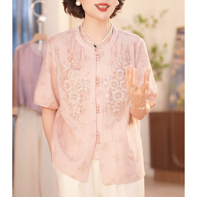 中老年妈妈夏装上衣2025新款中年女装薄款中国风半袖刺绣短袖衬衫