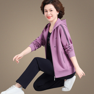 中老年连帽运动套装女春秋洋气宽松休闲卫衣中年妇女妈妈春装外套