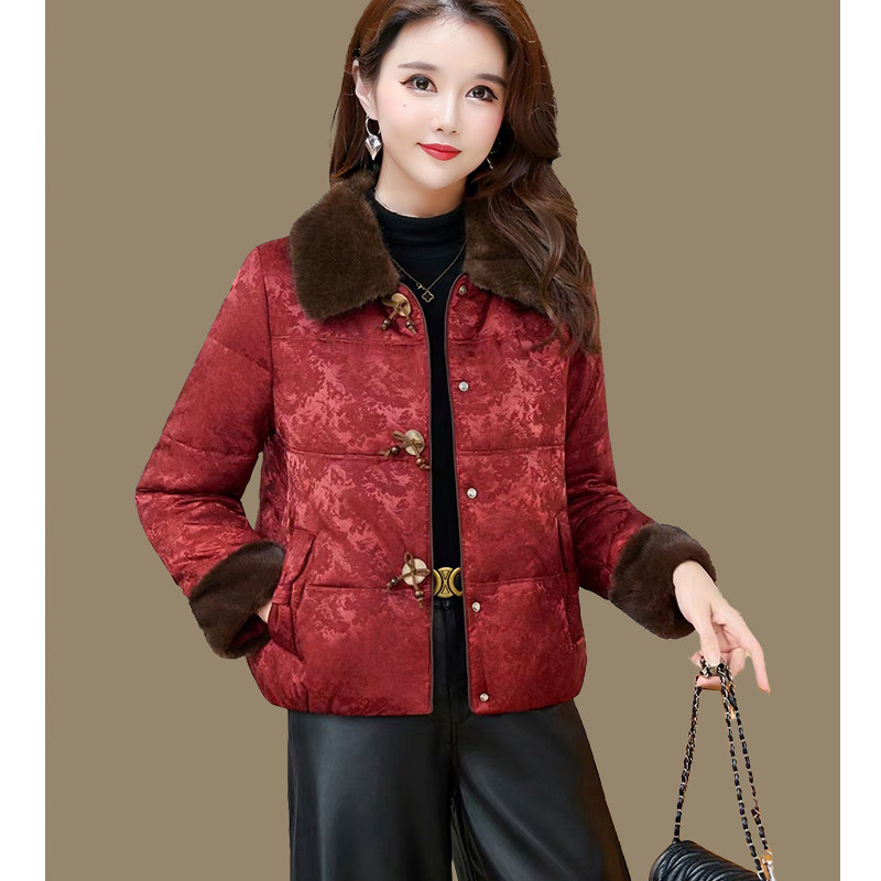 中年妇女提花短款棉衣女冬季国风毛领洋气棉服中老年妈妈装小棉袄