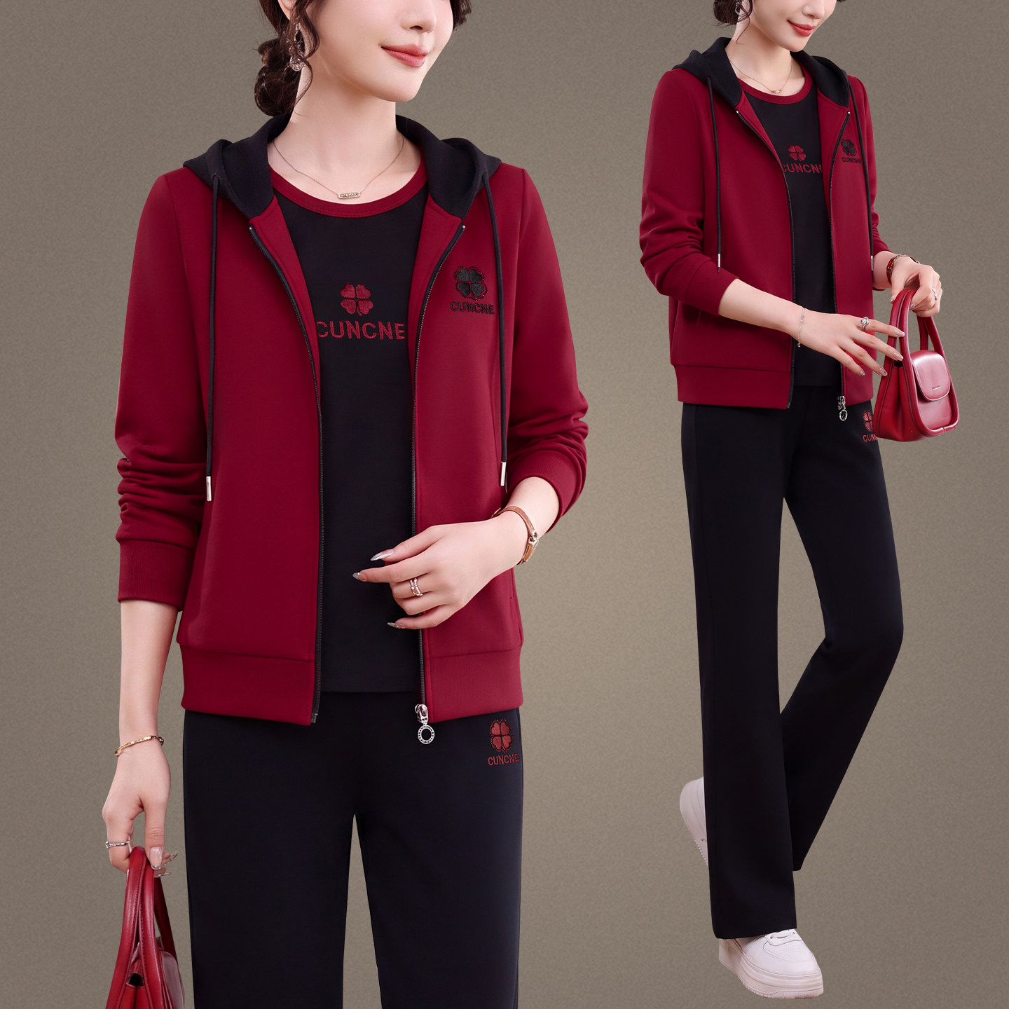 秋季中年妇女运动服套装连帽外套