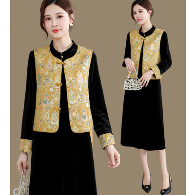 国风提花马夹金丝绒连衣裙套装春