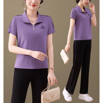 中年妈妈夏装短袖T恤运动套装女