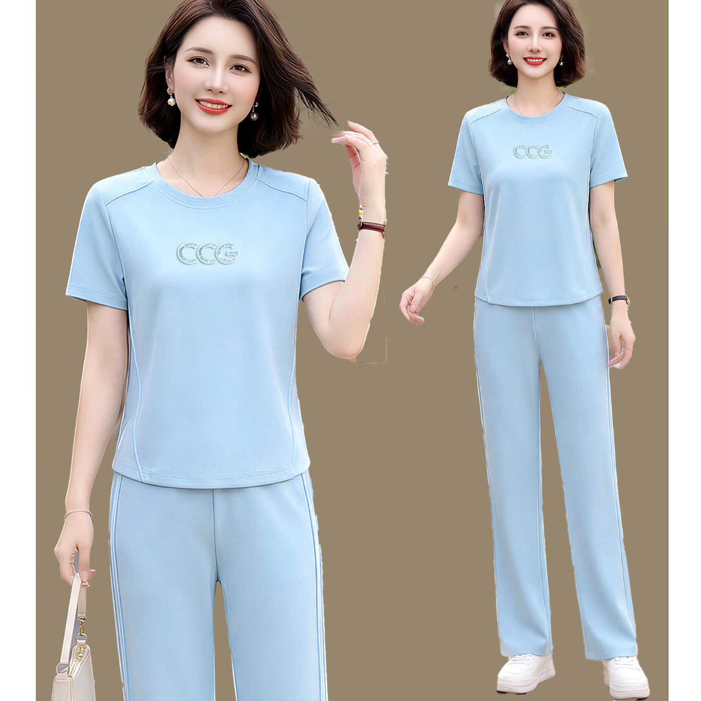 中年时尚运动套装女凉感圆领短袖T恤长裤休闲跑步两件套妈妈夏装