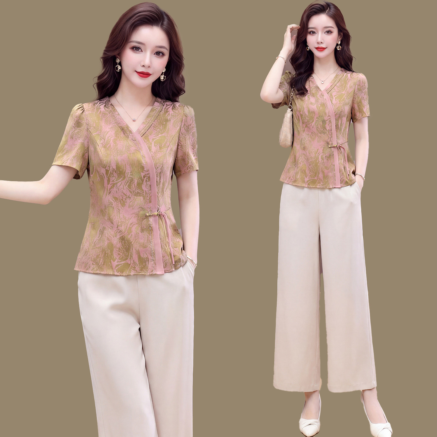 时尚妈妈夏装国风套装2026新款中老年女装V领短袖上衣小衫两件套