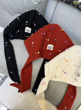自己做的巴拉克拉法针织帽帽子系蝴蝶结钉珠好特别高级小众款